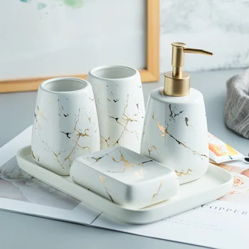 

Marble Texture Bathroom Accessory Tray Ceramic Bathroom Set Hand Sanitizer Lotion Bathroom Accessories Set Soap Dispenser Tooth