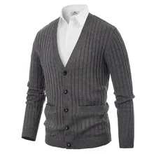 Мужской толстый кардиган, вязаный свитер, пальто с карманами, длинный рукав, v-образный вырез, сплошной цвет, теплый, модный, тонкий, трикотаж, зимний, мужской