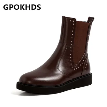 

GPOKHDS 2021 women Ankle boots Cow leather Winter short plush Round Toe Rivet Med heels female Riding boots size 40