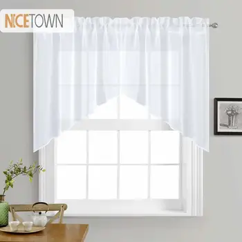 

NICETOWN White Rod Pocket Faux Linen Textured Swags Kitchen Curtains Valance Sheer for Home Decor Small Window, 1 Pair