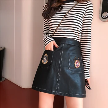 

Plus Size 4XL Women Black Embroidery PU Leather Skirt High Waist Retro Female A Line Skirts Faldas Saias