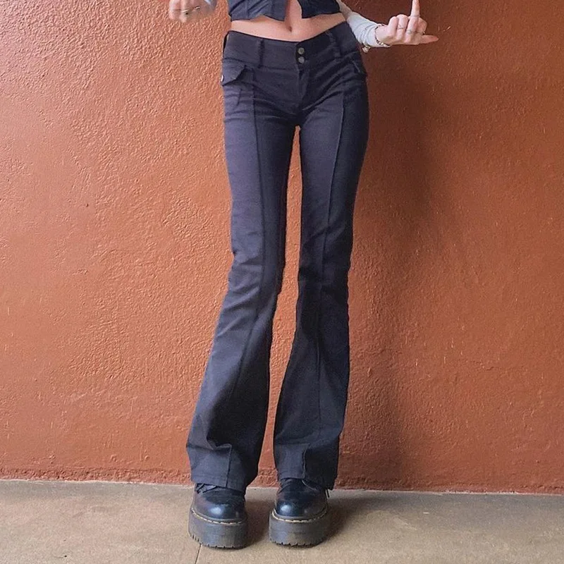

2021 Y2k Slim Low Waist Black 90S Fashion Pants Flare Pants E-Girl Vintage Indie Clothes Aesthetic Jeans Distressed Jeans
