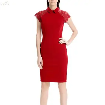 

Lace Dress Formal Patchwork Short Sleeves Office Dress Elegant Hollow Out Women Dress Slim Pencil Solid Color Lapel Party Dress