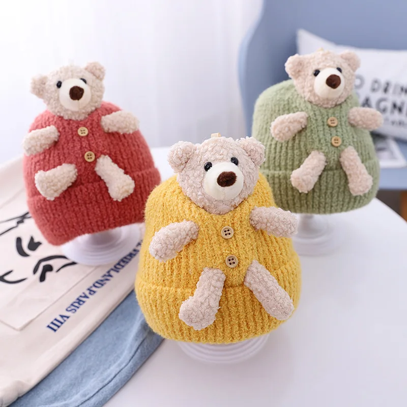 

Fashion Baby Winter Hat Cute Bear Plush Thick Warm Woolen for Children Infant Beanie Cap шапка Bonnet Knitted Beanie Hats 2021