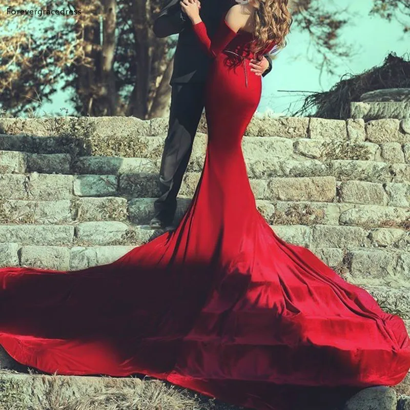 Long Sleeves Velvet Burgundy Mermaid Prom Dresses Off-Shoulder Belt Long Train Formal Sexy Evening Gowns 129 (1)