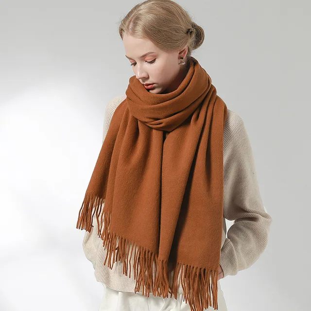 Russia 100% Pure Wool Scarf Women Thicken Warm Echarpe Wraps Ladies Foulard Femme Winter Solid Camel Merino Fine Wool Scarves Caramel