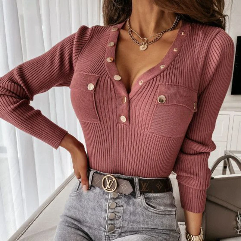 

Solid Color Long-sleeved V-neck T-shirt Fashion Sexy Top Pocket Button Decoration Bottoming Shirt