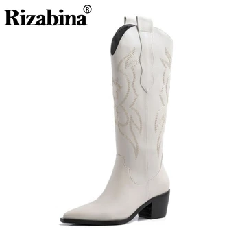 

RIZABINA Cow Leather Long Boots Women Pointed Toe Solid Color High Heels Shoes Embroidery Knee High Boots Women Size 34-39