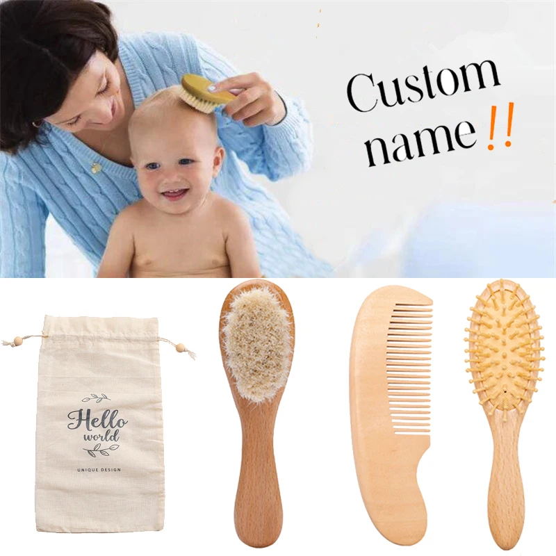 Custom Baby Hair Comb Wooden Handle Natural Soft Wool Brush Infant Boys Girls Shower Soft Wool Hair Brush Newborn Massage Comb