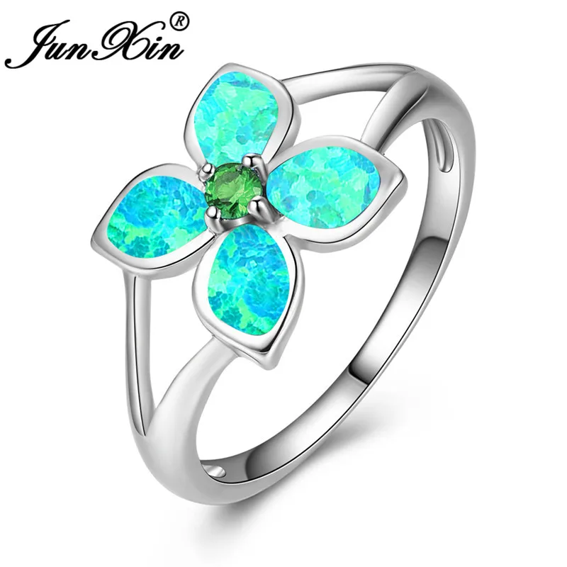 Green Opal Ring Очаровательное растительное цветочное кольцо 925 серебряного цвета Радужный зеленый синий белый огненный опал кольца для женщин обручальное кольцо с кристаллами - Цвет основного камня: Green Opal Ring