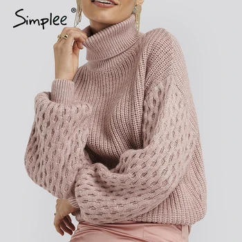 

Simplee Solid Color Turtleneck Women's Sweater Lantern Sleeve Autumn Winter Knitted Pullover Casual Loose Knitted Sweater 2020