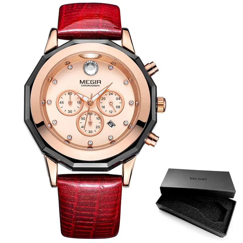 Люксовые часы от бренда Megir, Для женщин элегантные кварцевые секундомеры модные Водонепроницаемый светящийся хронограф 24 часа наручные часы для женщин леди 2042LREWE - Цвет: ML2042L-Red