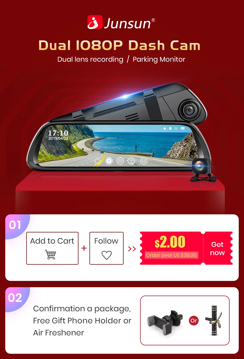 Junsun 9.66" IPS Touch Screen Dual Lens 1080P Car DVR Stream RearView Mirror Dash Camera Dual Lens Night Vision Parking Monitor