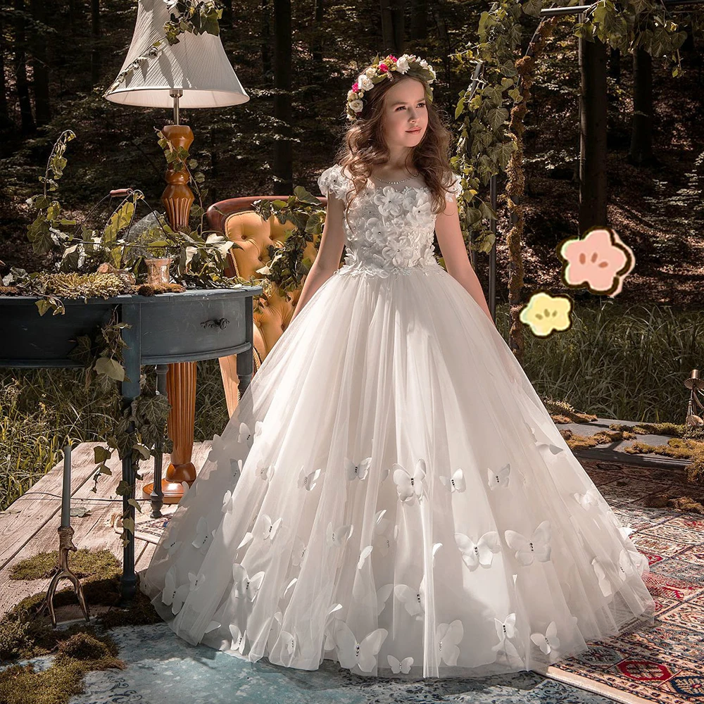 

2021 New Elegant Lace Sweet Appliques Ball Gown Flower Girl Dresses Kids Princess For Weddings Party Crystal Formal Clothes