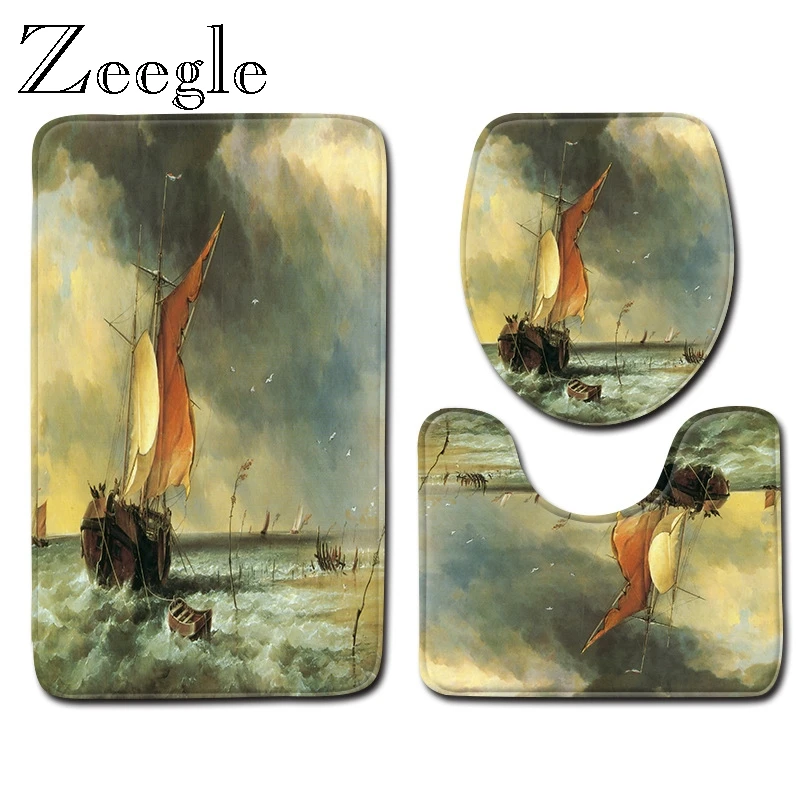 Zeegle 3pcs Bath Mat Set Anti Slip Bathroom Doormat Toilet Cover Seat Flannel Soft Toilet Pedestal Rug Foot Mat Bath Toilet Set