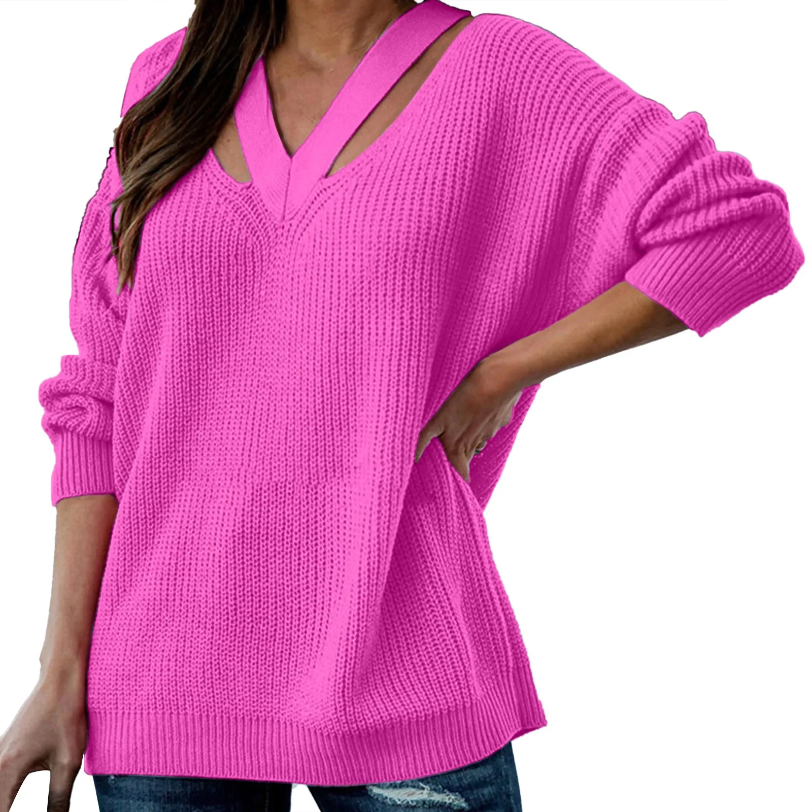 Womens Long Sleeve Cold Shoulder Sweaters Halter Neck Backless Loose Sweater Elegant Knitted Pullovers Female Soft Chic Tops 1