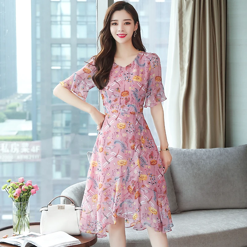 

Floral Print Party Summer midi pink Women Dress Long Plus Size Lady Vintage Elegant Short Sleeve blue Runway Vestido De Fiesta