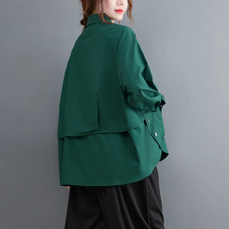 Patchwork Button Pocket Green Oversized Blouse Women New Long Sleeve Loose Casual Shirt Tops Fashion Clothes Spring Autumn 2025