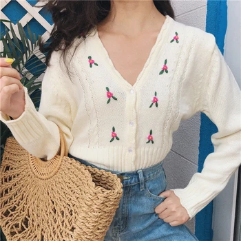 

Women's Floral Hand-embroidered Sweater V-neck Early Spring Wool Cardigan Single Breasted Knitwear White And Red Sweater