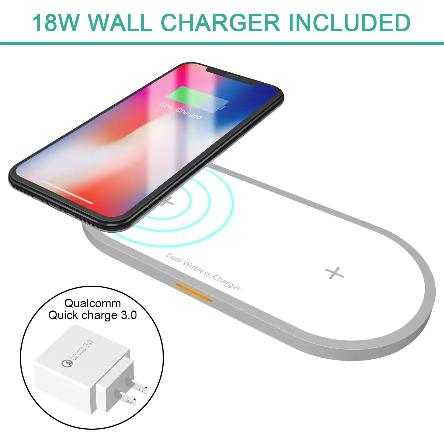 

Dual Wireless Charger Fast Charger, Hometall 18W Dual Wireless Charging Board with Line and Qualcomm3.0 Fast Charge Wall Adapter