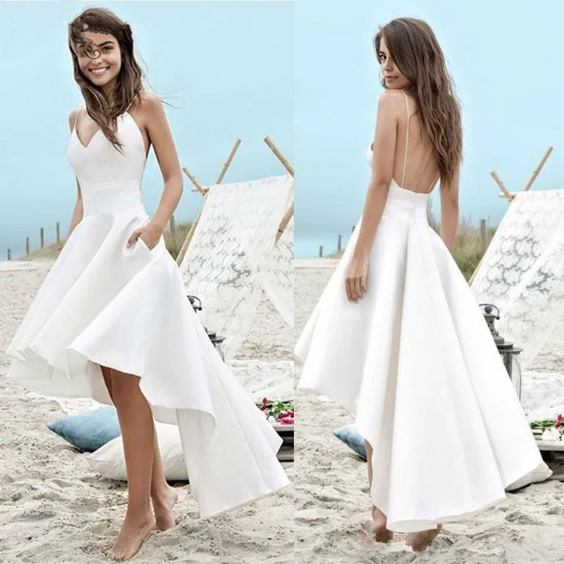 Hi-Lo Sexy Beach Wedding Dresses With Pockets V-Neck Spaghetti Straps Backless 2021 Simple Bridal Gowns Robe De Mariee Cheap | Свадьбы и