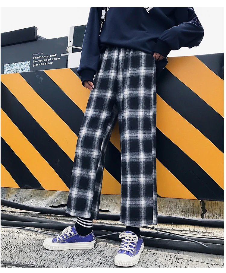 Bella Philosophy Autumn Harajuku Streetwear Plaid Pants Women High Waist Loose Wide Leg Pants Korean Hip Hop Men Trousers