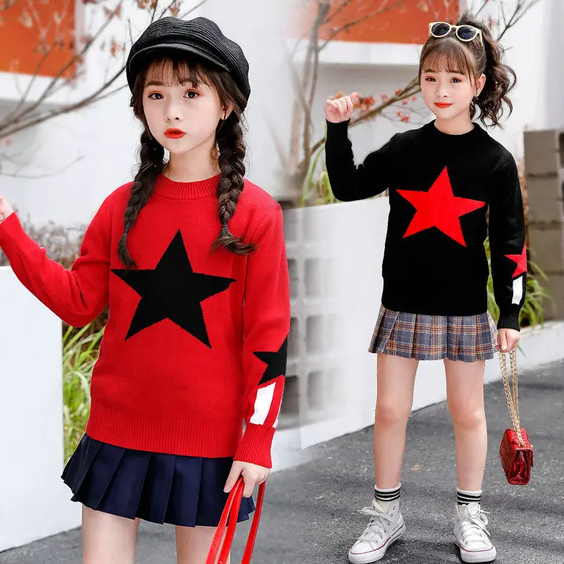 

Girls Sweater Spring Winter Children Black Red Five-Pointed Star Sweater for Girls New Fashion Kids Pullover Sweaters Clothes