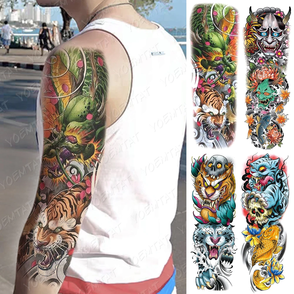 

Large Arm Sleeve Tattoo Tiger Skull Dragon Waterproof Temporary Tatto Sticker Prajna Lion Body Art Full Fake Tatoo Women Men