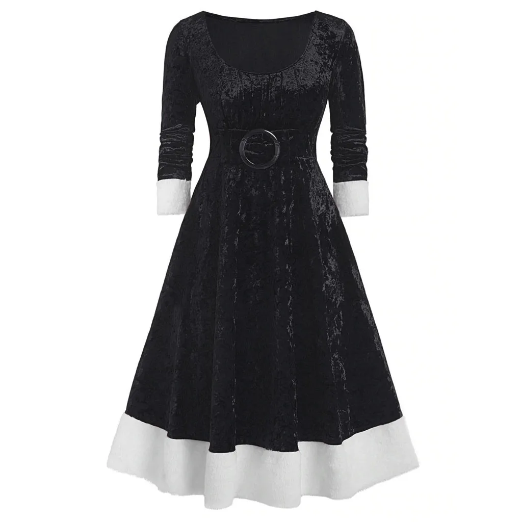Высококачественное женское рождественское платье в стиле пэчворк с длинным рукавом, асимметричное платье с круглым вырезом, модное элегантное вечернее платье, Новинка осени#45 - Цвет: Черный