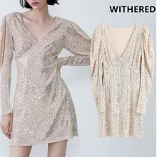 Увядшие в английском стиле элегантные с пышными рукавами vneck сексуальные с блестками вечерние мини-платья для женщин vestidos de fiesta de noche vestidos блейзер