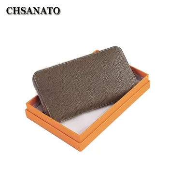 

CHSANATO Orange GIft Box Luxury Brand Genuine Cow Real Leather Women Wallet Female Designer Money Phone Purse Lichee Card Hol
