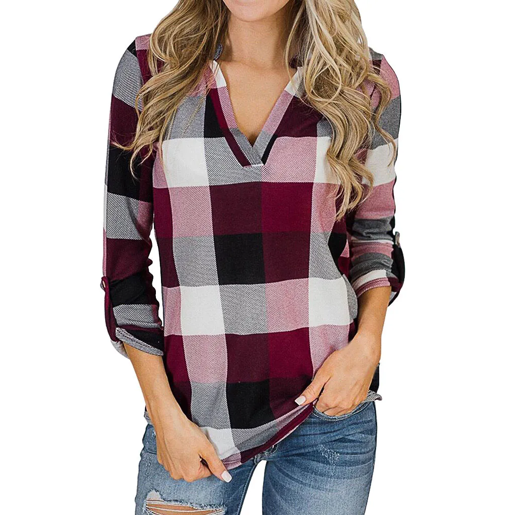 

Fashion Female simple V-Neck Plaid Print Easy daily Blouse Autumn Women's casual Long Sleeve Loose shirts blusas verano mujer