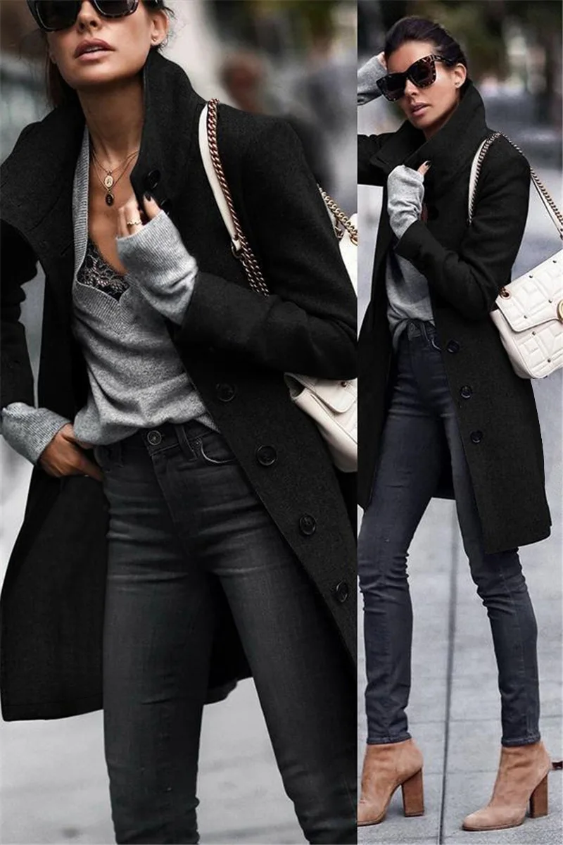 Осень/Зима, Модный повседневный женский топ с длинными рукавами и пуговицами, однобортное однотонное Женское пальто с отложным воротником