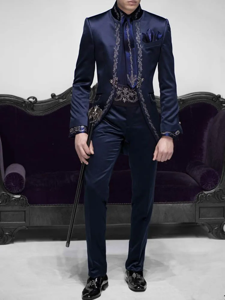 Tailor Made Italian Embroidery Navy Blue Men Suits Slim Fit Groom Prom 2 Piece Male Blazer Luxury Brand Jacket+Pants