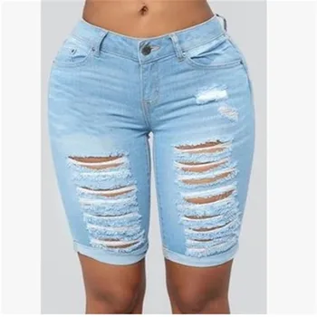 

2020 Woman Summer High Waist Stretch Knee Length Jeans Shorts For Women Summer Wrap Hip Skinny Ripped Denim Short Jean Bottoms