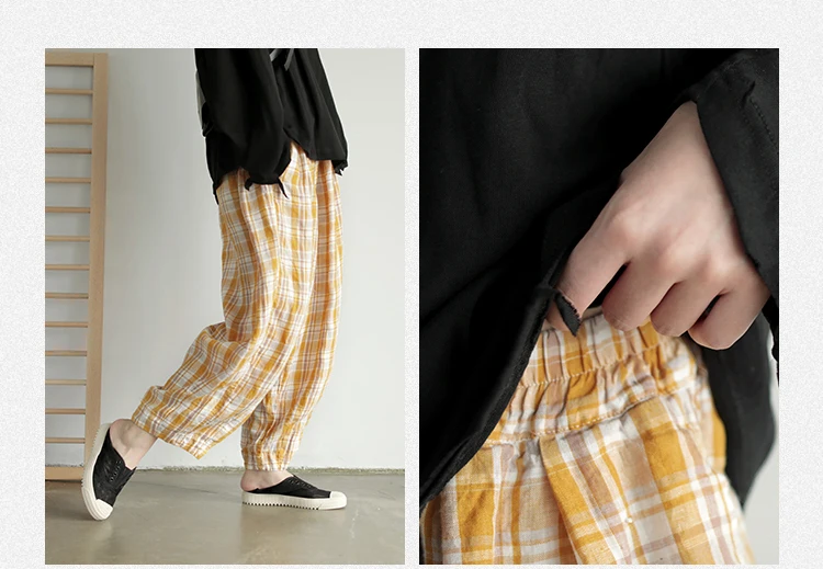Autumn Woman Cotton Linen Pants New Big Size Plaid Loose Elastic Waist Vintage Casual Women Trousers YoYiKamomo
