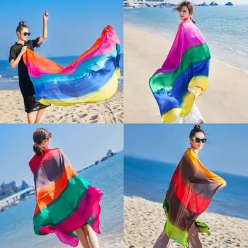 

190x100cm Imitation Silk Large Shawl Rainbow Contrast Colored Stripes Women Beach Neck Scarf Hair Wrap Sunscreen Cover Up Sarong