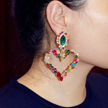 

New Shiny Colorful Crystal Rhinestone Heart Pendant Dangle Earrings For Women Jewelry Fashion Statement Earrings Accessories