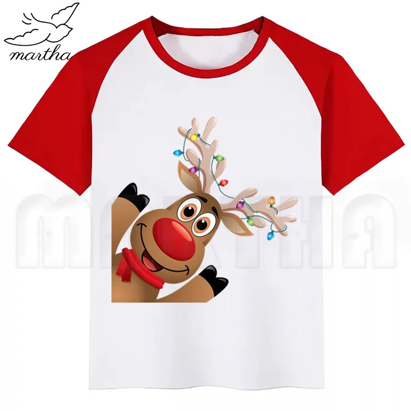 Детская футболка с рисунком Санта-Клауса и оленя; веселые детские топы; детская футболка с короткими рукавами; одежда для малышей - Цвет: RedE