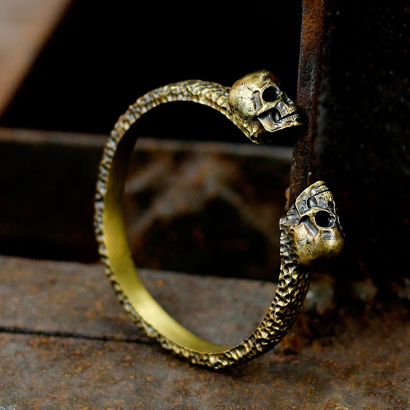 

Hand Made Sterling S925 Vintage Double Skull Brass Bracelet Jewelry Fashion Accessories Retro Hip Hop Rock Bangles