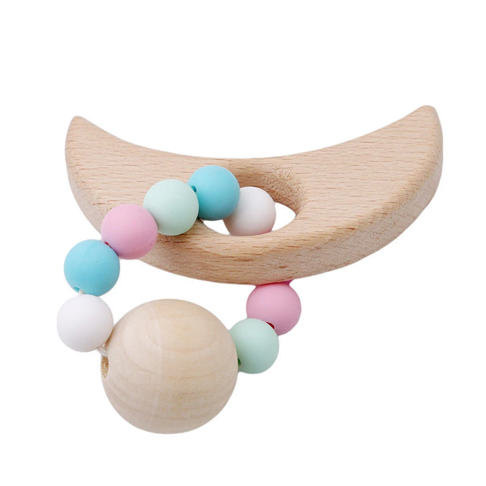Деревянный браслет в форме Луны в форме животных, силиконовые бусины, погремушка, игрушка для прорезывания зубов