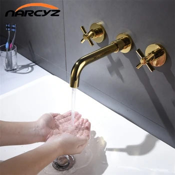 

Basin Faucets Brass Gold/Nickel Gold Deck Mounted Square Bathroom Sink Faucets 3 Hole Double Handle Hot And Cold Water TapXR8252