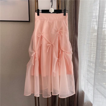 

Women Summer Skirt 2020 Spring and Summer New Sweet Temperament Mesh Bow High Waist Gauze Skirt Womens Skirts Pink Black