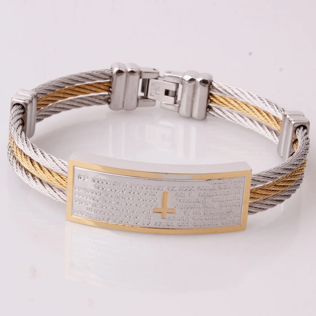 Punk 3Rows Wire Chain Stainless Steel Bracelet For Men Bangle Engraved Cross Bible Religion Christ Prayer Male Women Jewelry