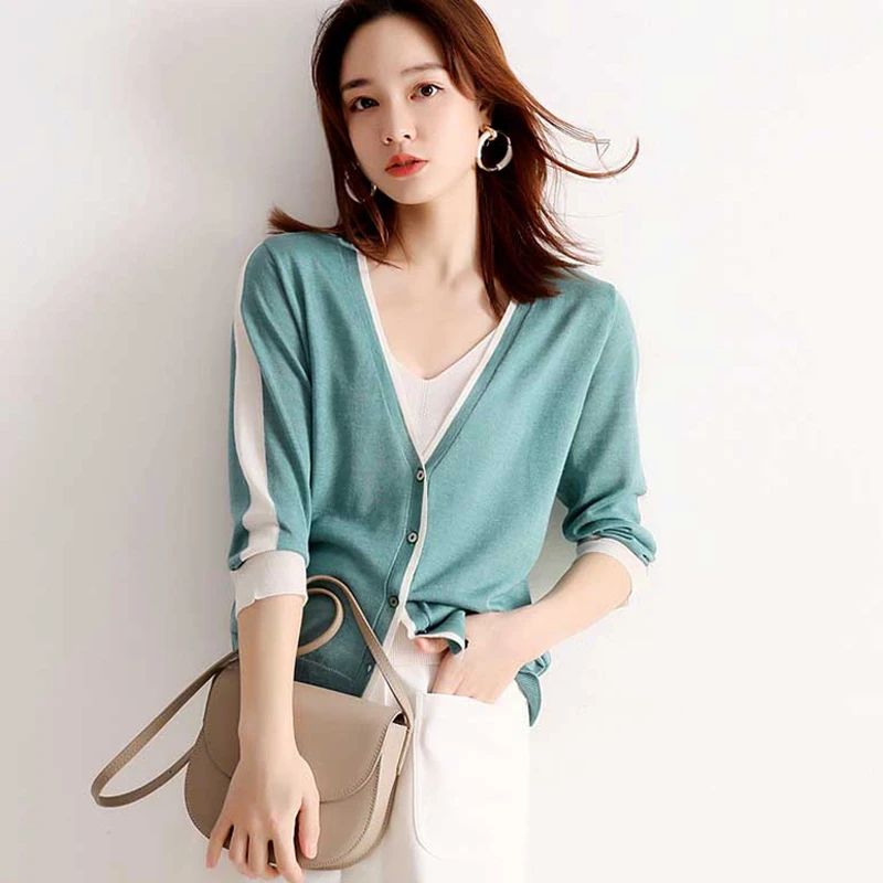 

Silk Blend Blouse Women Cardigan Simple Design V Neck Long Sleeves Patchwork 4 Colors Knit Fabric Sunscreen Clothing New Fashion