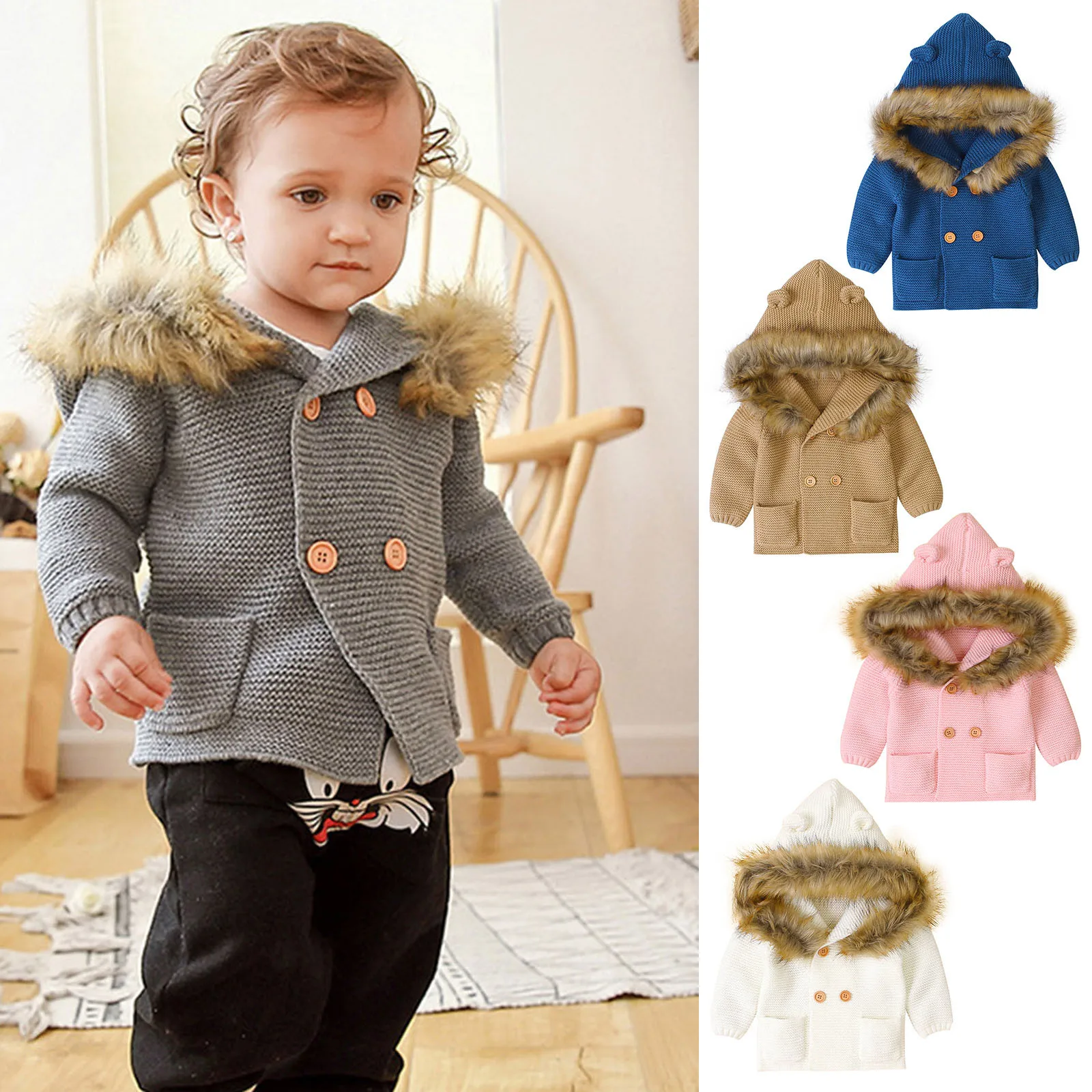 

Toddler Baby Boy Girl Clothes Solid Color Sweater Hooded Knit Faux Collar Tops Newborn Winter Warm Hoodies Coat Outerwear