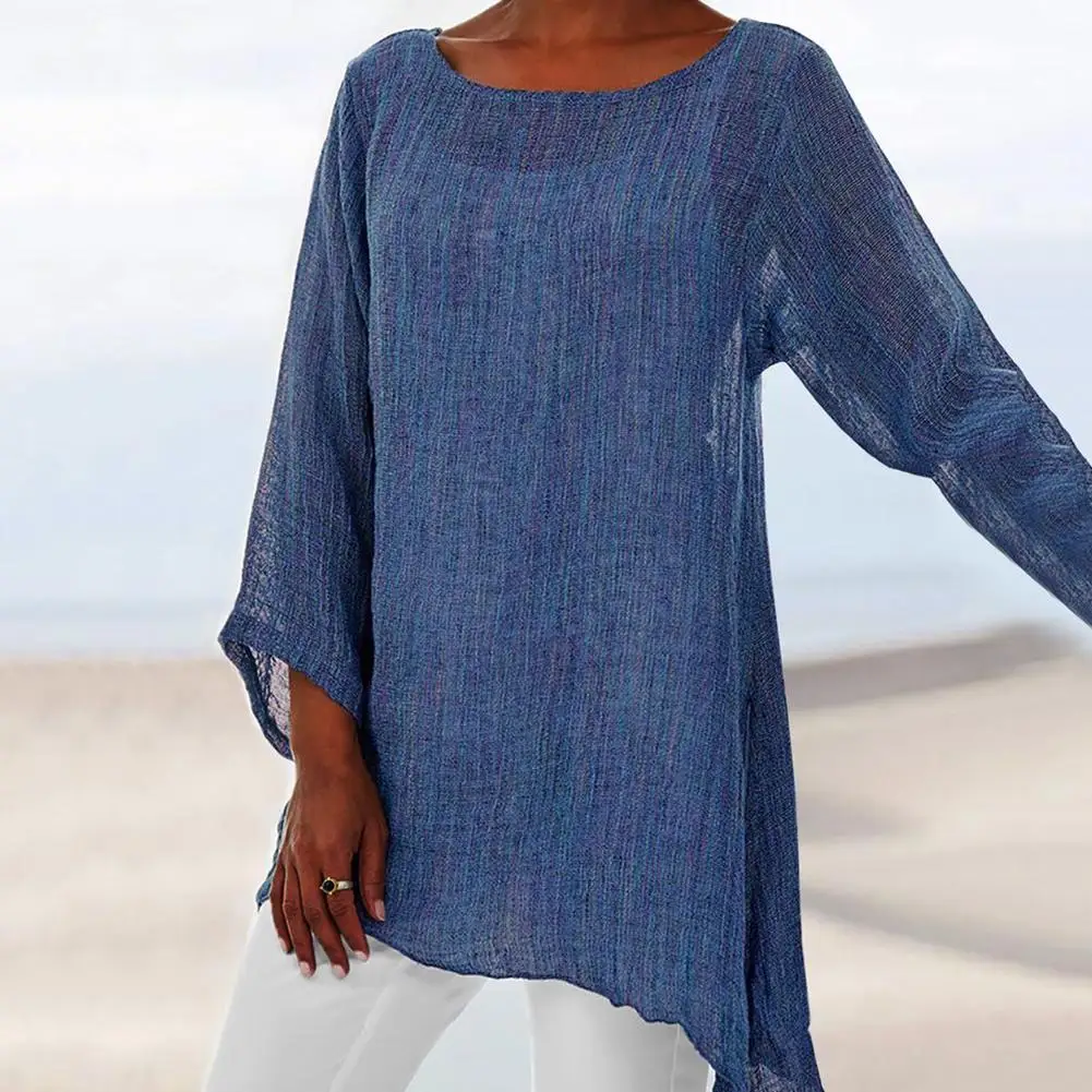 Ladies Blouse Plus Size Solid Color Linen O-Neck Long Sleeve Irregular Top Shirt Women Blouse And Top 1