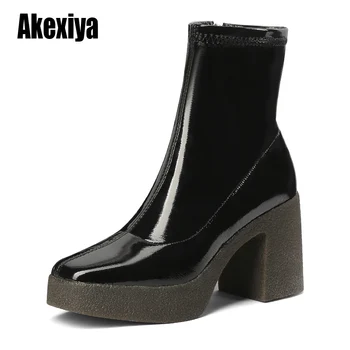 

2020 Female superfine fiber Boots Thick Heels Ankle Boots For Women Round Toe Winter Shoes Women High heel Platform Boots u131