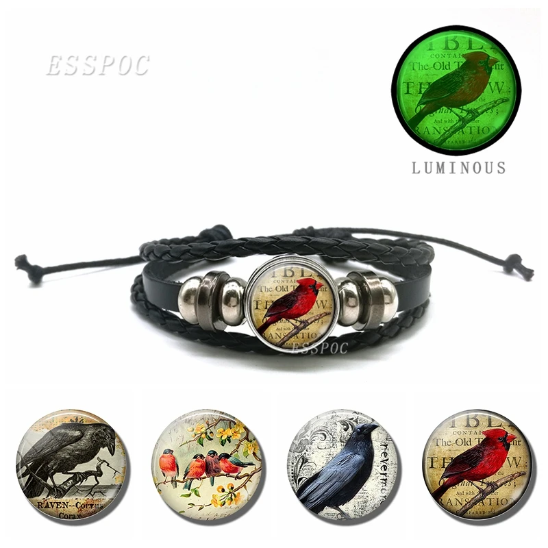 

Glow in Dark Birds Bracelet Eagle Cardinal Bird Pattern Glass Cabochon Luminous Bead Multi-layer Leather Woven Bracelet
