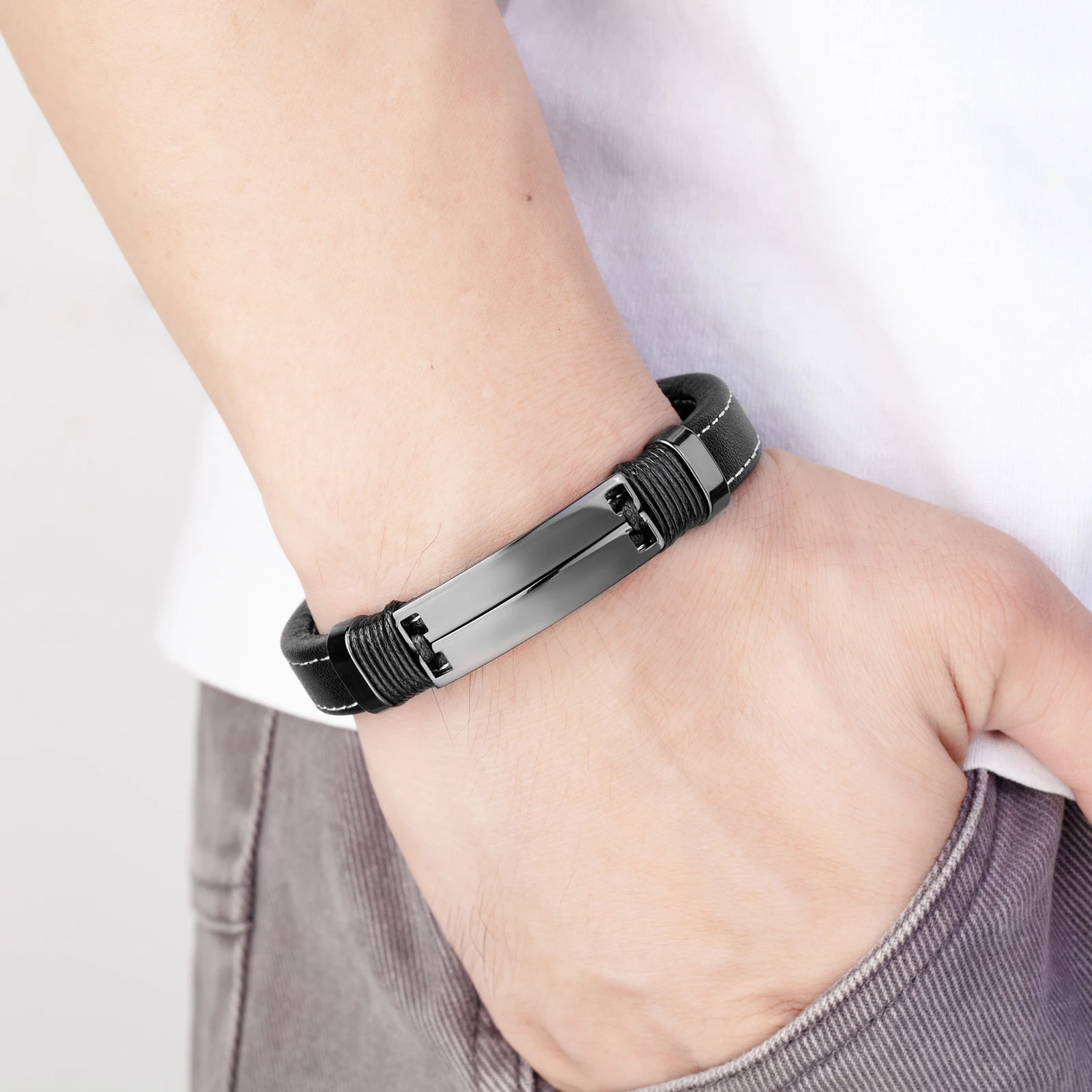 Men's Bracelet Charm bracelet jewelry Stainless Steel Leather Rope Bracelet